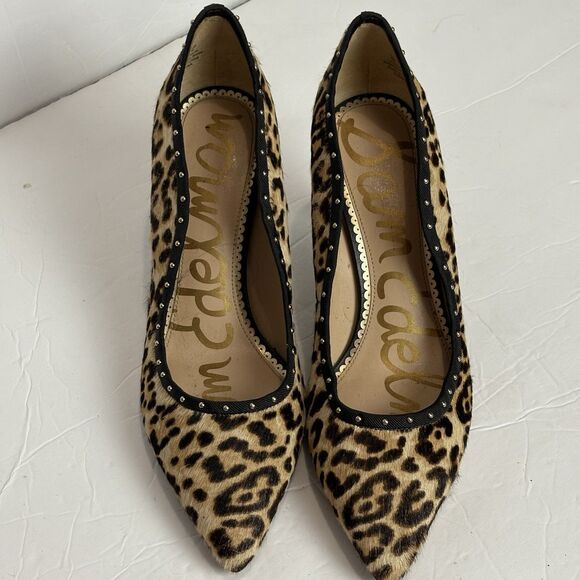 Sam Edelman Leopard Calf Hair Tiana Pointed Toe Pump High Heel Size 8M Studded - Picture 1 of 11